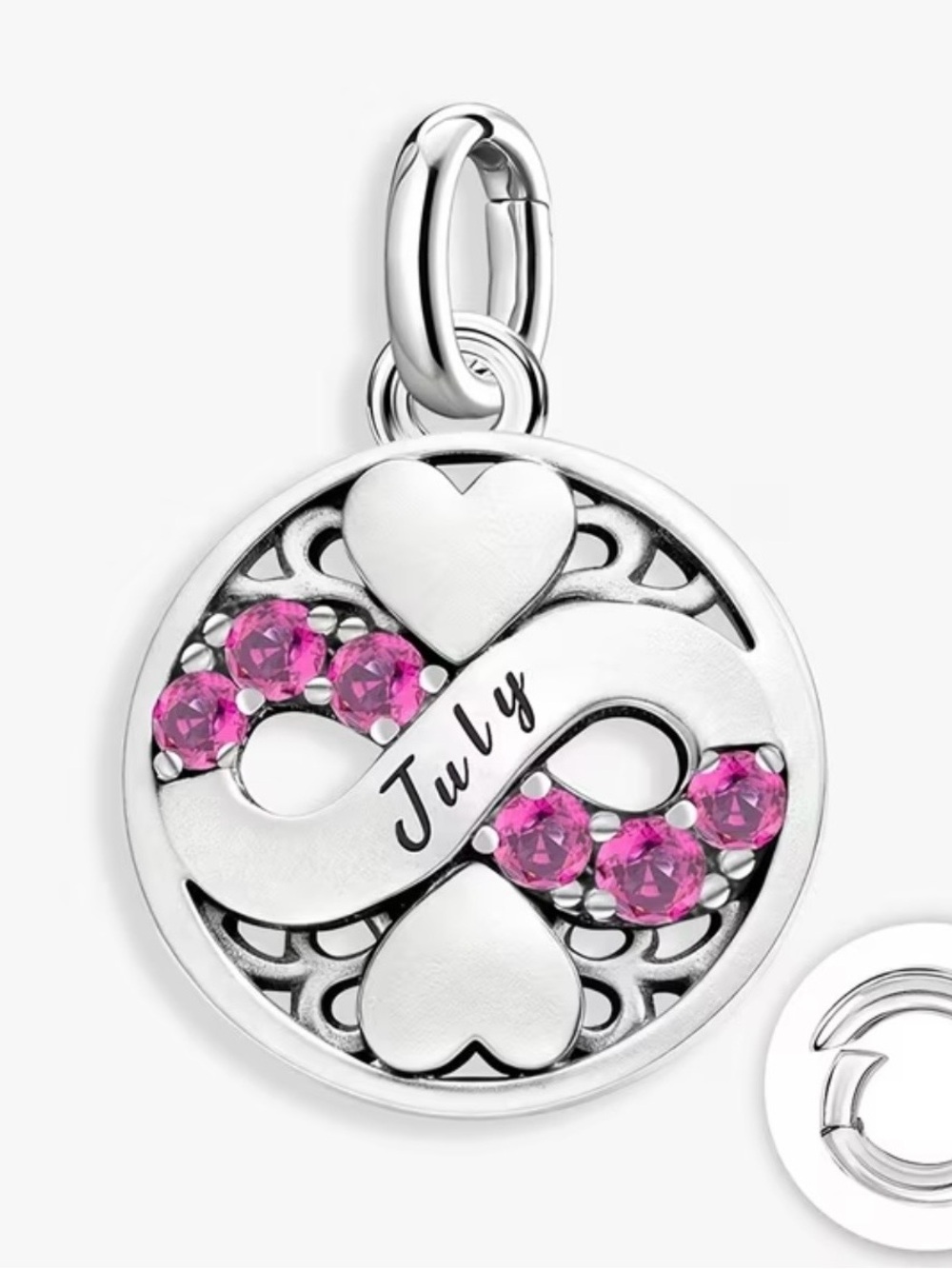 Sterling Silver July Birthstone Infinity Charm Pendant with Pink Stones